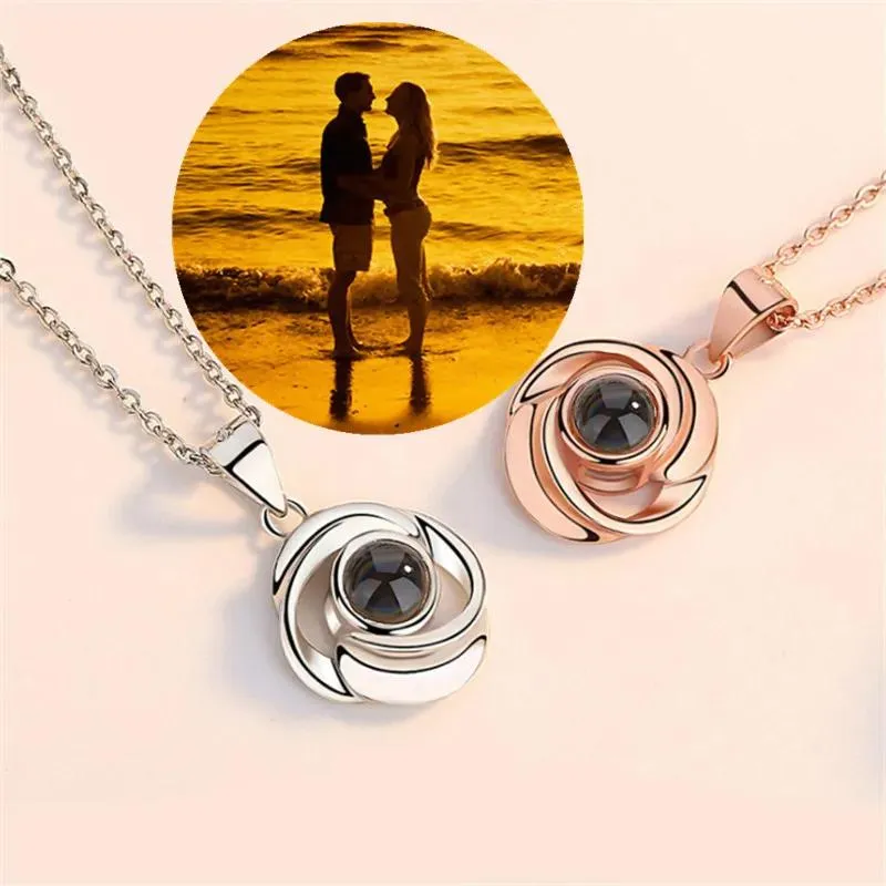 Colliers Photos personnalisées Couples Rose fleur pendentif colliers je t'aime Projection mémoire amoureux bijoux de mode cadeaux d'anniversaire