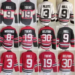 Men Retro Hockey 30 Ed Belfour Jersey Vintage Classic 19 Jonathan Toews 3 Pierre Pilote 9 Bobby Hull 8  Mosienko Team Black Red White Co