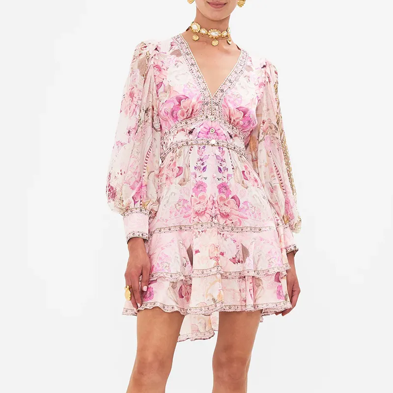 Printed Tie Neck Lantern Sleeve Mini Dress main image 0
