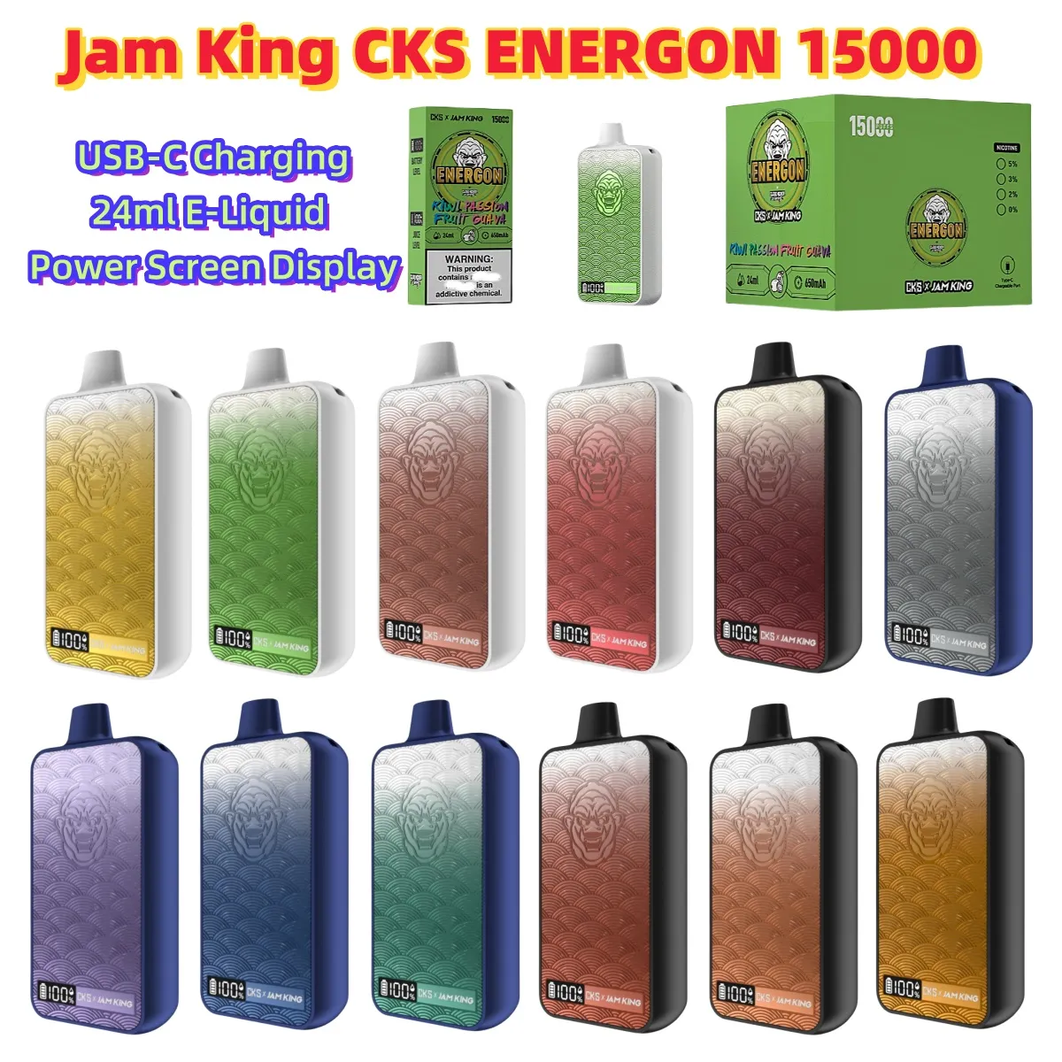 Groothandel vape bladerdeeg 15000 vape desechable Jam King CKS ENERGON vaper 15000 bladerdeeg vape wegwerp 24 ml 650 mah Scherm voor elektronische sigaretten USB-C sapsmaak