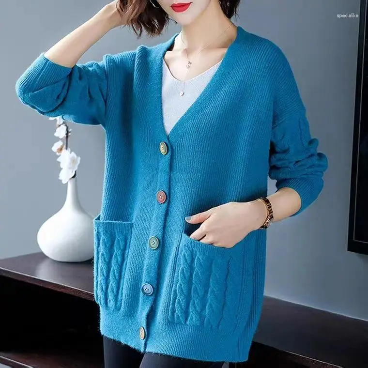 Women's Sweaters 2024 Autumn Winter Knitted Cardigan Women Fashion Loose Straight V-neck Button Sweater Large Coat B80