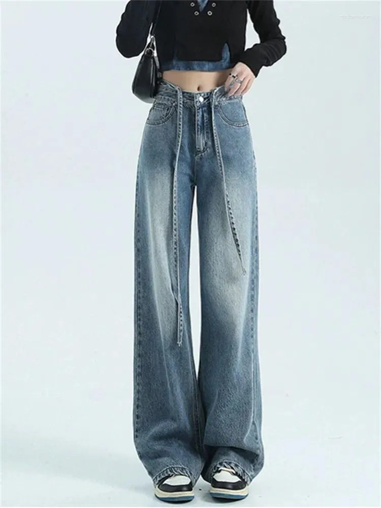 Dżinsy damskie sznurka z koronki wysoko dla kobiet 2024 mody swobodny luźno dżins