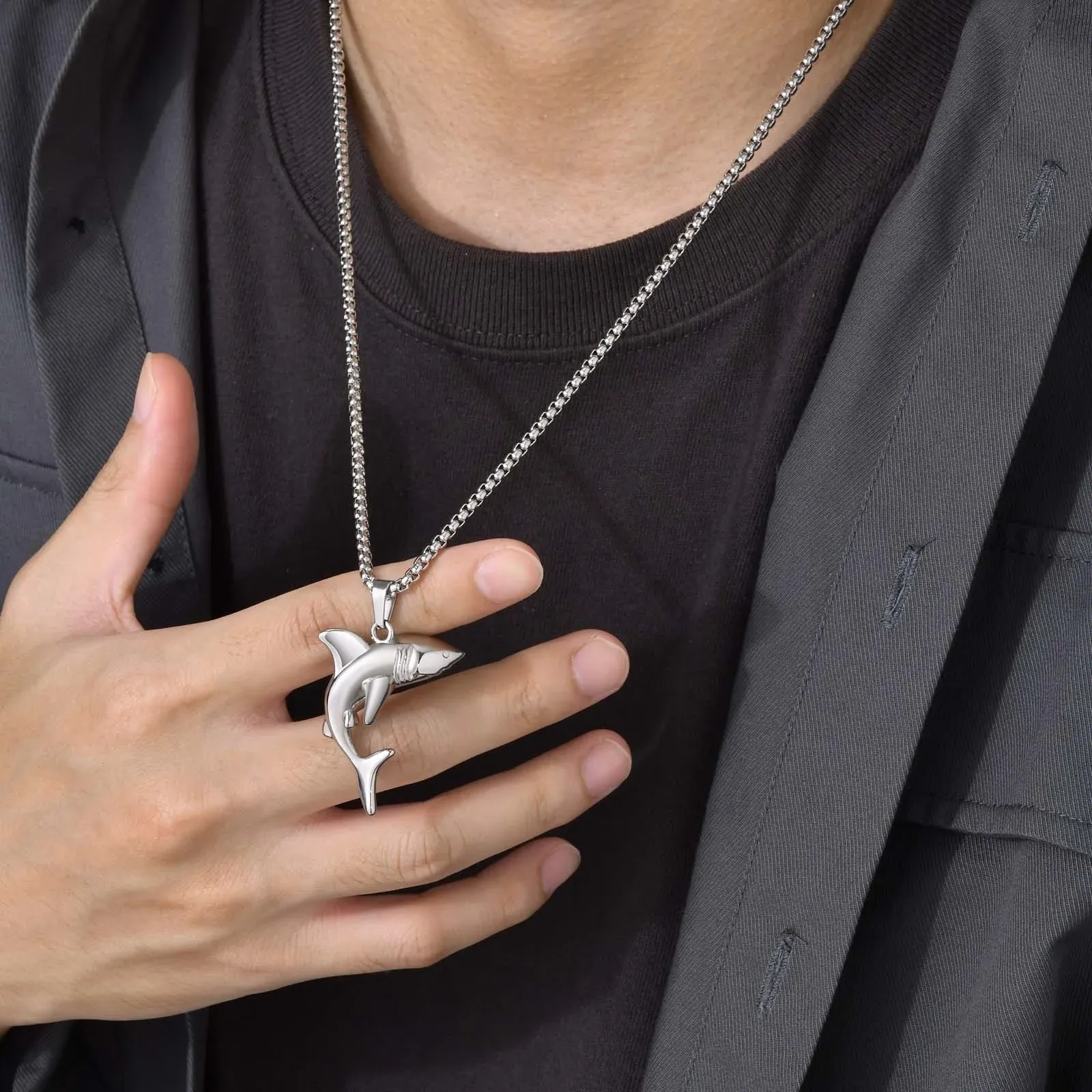 Rock Punk Shark Necklaces for Men, Cool Fashion Animal Pendant Collar Gifts Jewelry with 14K White Gold Box Chain