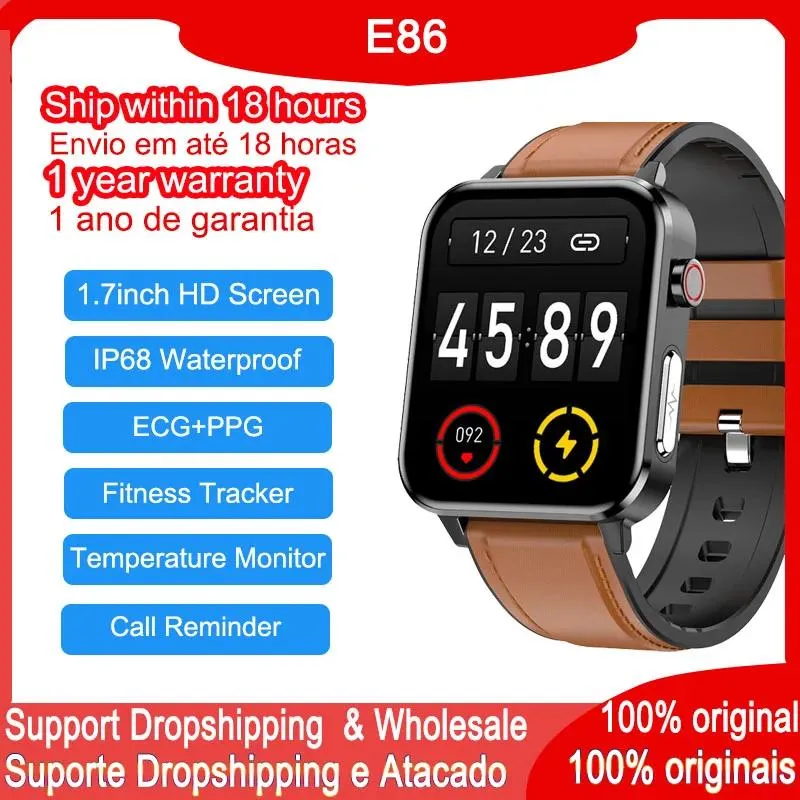 Devices Original E86 Smart Sports Watch 1.7inch HD Screen IP68 Waterproof ECG PPG Fitness Tracker Temperature Monitor Smartwatch Phone