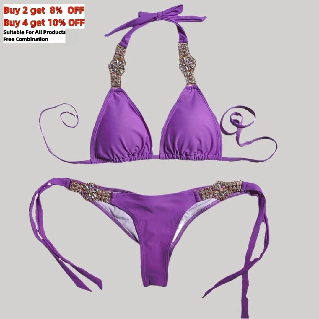 Ensemble été nouveau cristal diamant violet ensemble de Bikini femmes deux pièces jaune maillot de bain Sexy maillot de bain léopard solide maillots de bain SXL