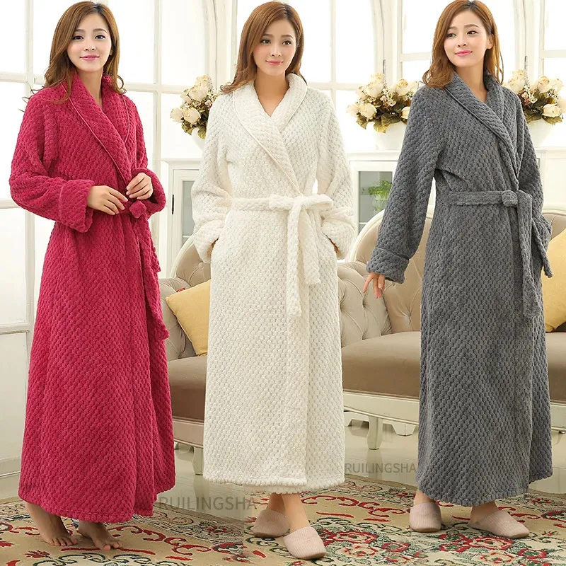 Women Winter Thermal Long Bathrobe Lovers Thick Warm Coral Fleece Kimono Bath Robe Plus Size Men Nightgowns Bride Dressing Gown 240110