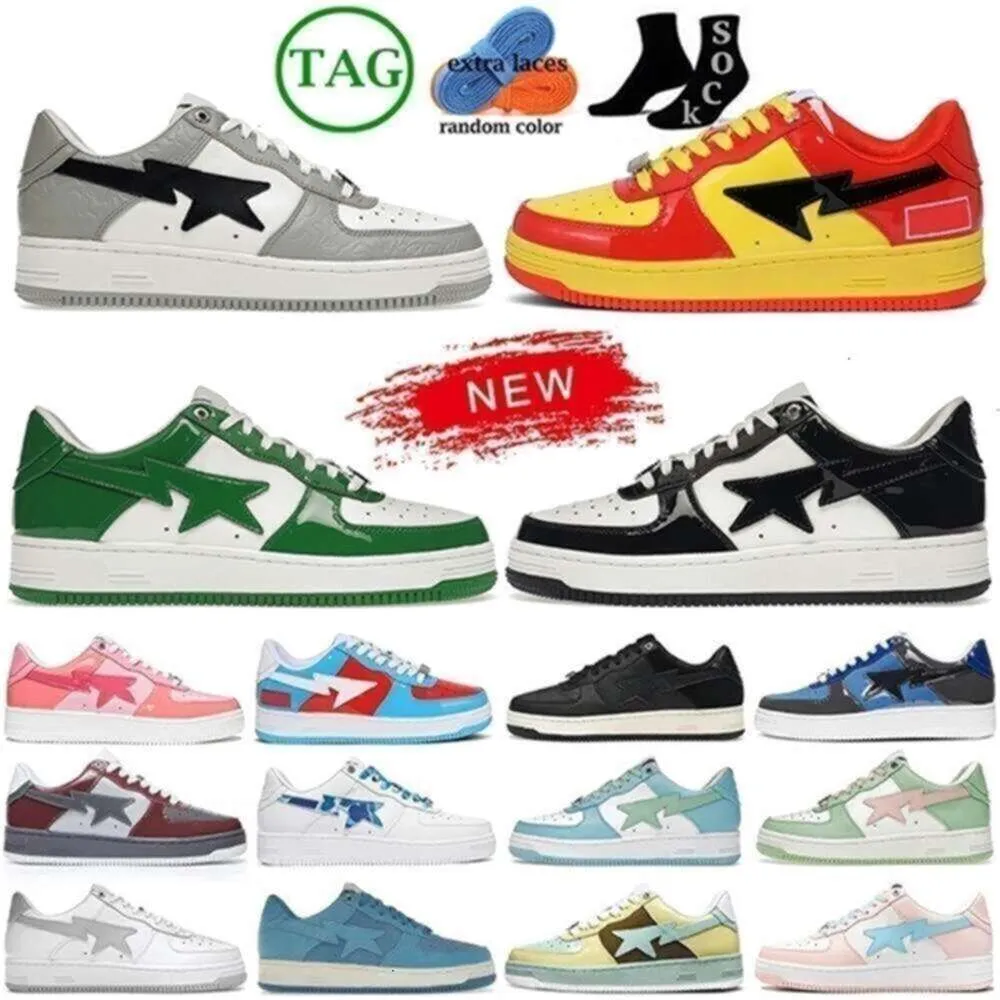 2024 Bapestars skor designers skor svart vit blå plattform patent sk läder grön multi split blå brun elfenben tränare sneakers