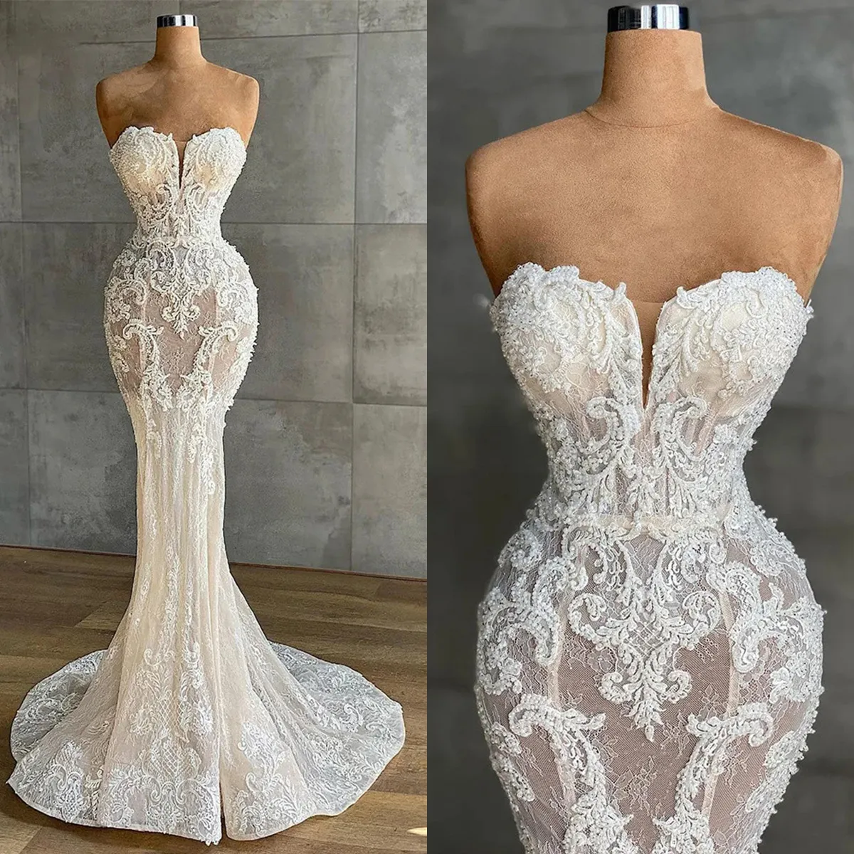 Robes de mariée sirène sans bretelles modernes dentelle appliques robes de mariée sans manches col en coeur dos nu balayage train robe voir à travers