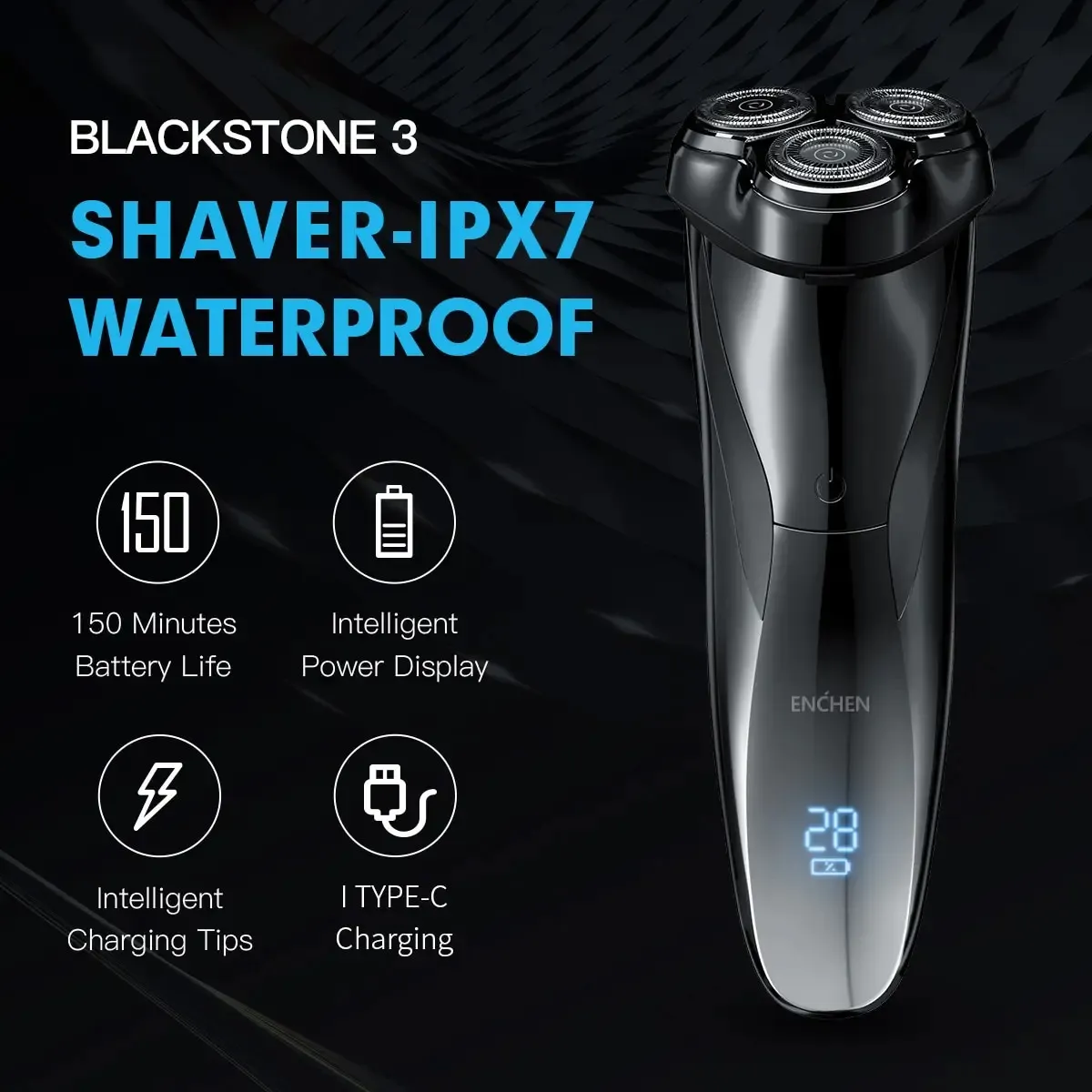 Enchen Electric Shaver 3D Blackstone 3 IPX7 Vattentät rakkniv Våt och torr dubbelanvändning Face Beard Battery Digital Display för män 240110