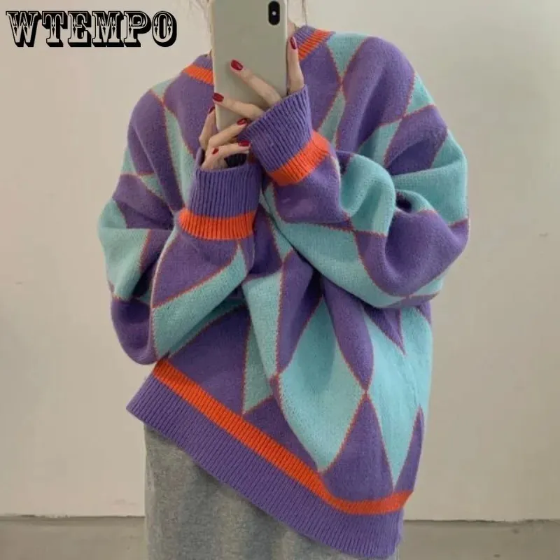Contrasting Color Diamond Check Crew Neck Sweater Women Winter Loose Outside Wear Sweater Top 240109