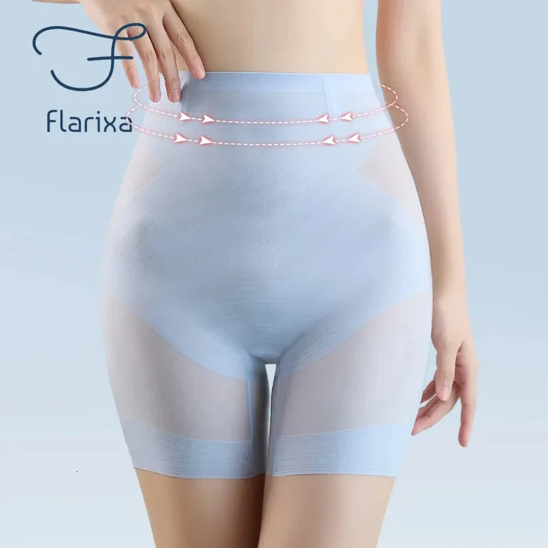 Flarixa ультратонкие защитные шорты из ледяного шелка, женские корректирующие трусики с высокой талией, бесшовное нижнее белье для похудения, брюки для живота, формирователь тела 240109