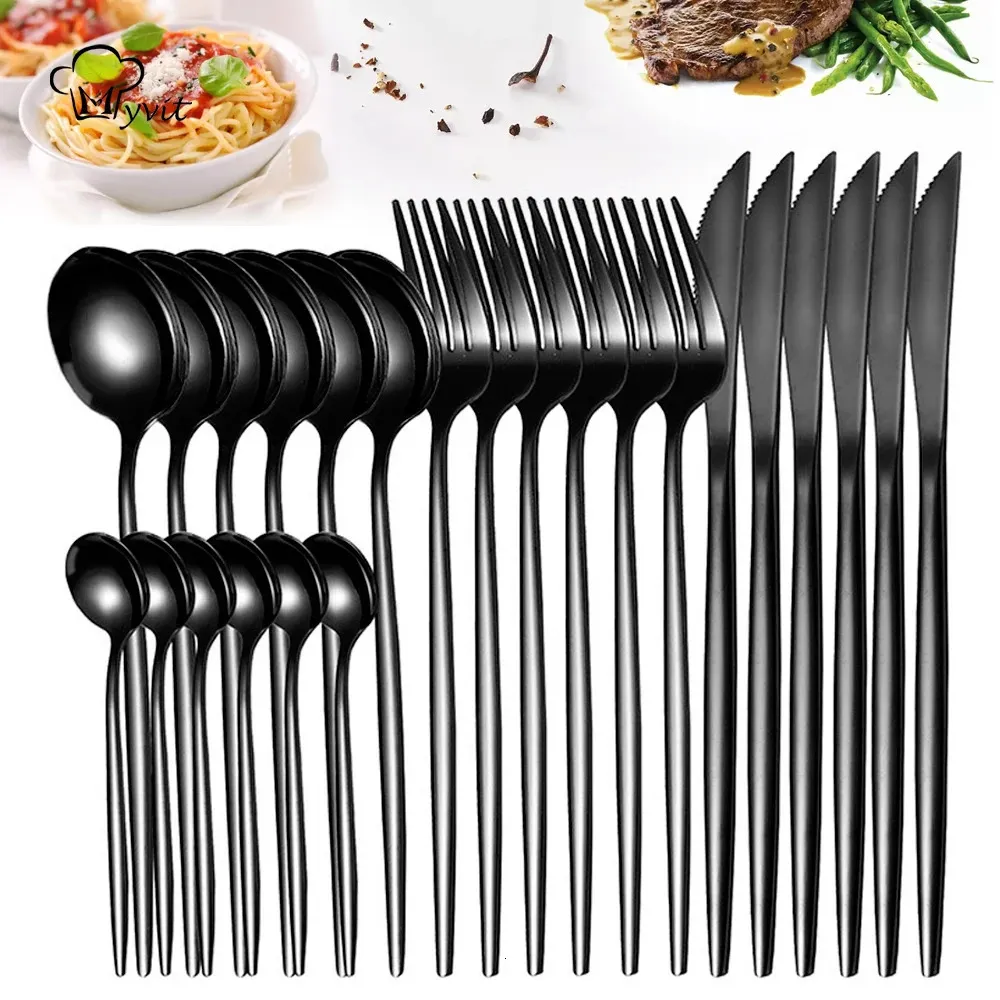 Yemek takımı gümüş eşya seti 4-24pcs mutfak sofra sofra takımları çatal bıçak takımı ev restoran biftek çatal çatallı çay kaşığı 240110