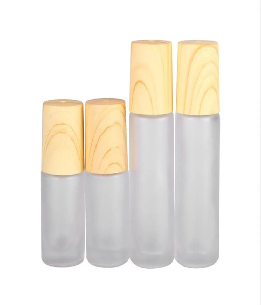 Frosted Glass Roller Flessen 5 ml 10 ml Roll-on fles met metalen rollerbal Houtnerf Plastic deksels voor parfum etherische olie Lip 9126322