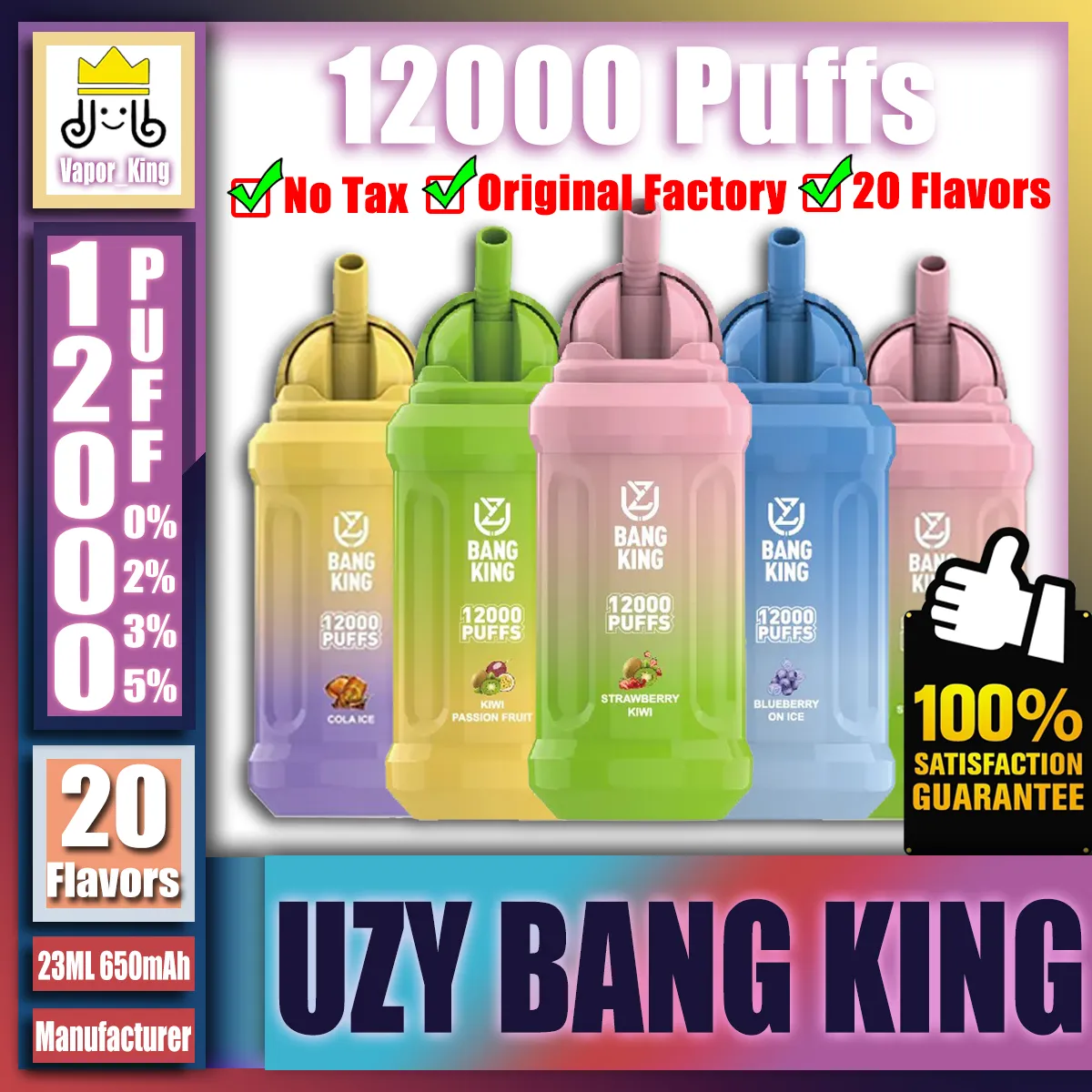 オリジナルのUzy Bang King 12000 12k Puff 12000 12k Puff充電式Eタバコ0/2/3/5％使い捨て蒸気ペン23ml事前に充填された650mAhバッテリージョッドボックス