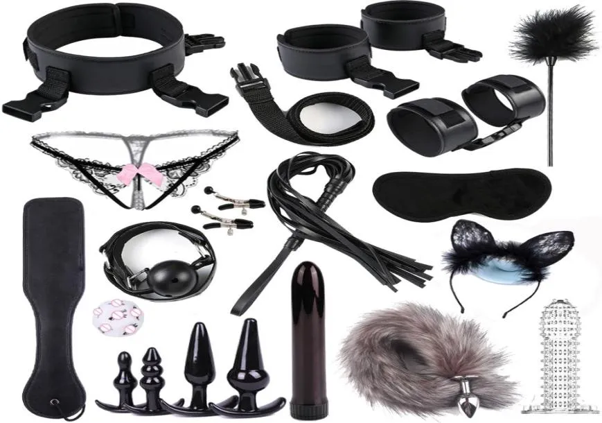 19 PCSSet Sex Games Erotiska leksaker för vuxna BDSM Bondage Set Handbojor Nippelklämmor Anal Tail Plug Whip Sex Toys för par Y2003847965