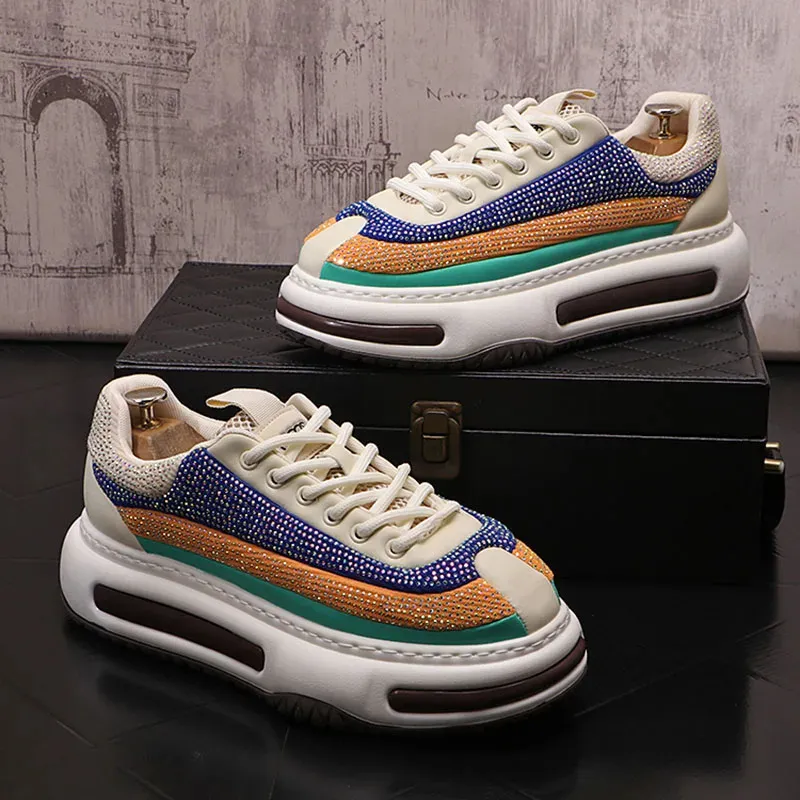 Luxury Designer Streets Trend New Men's Charm Colours Rhinestone Casual Shoes Flats Punk Rock Loafers Walking Clunky Sneakers