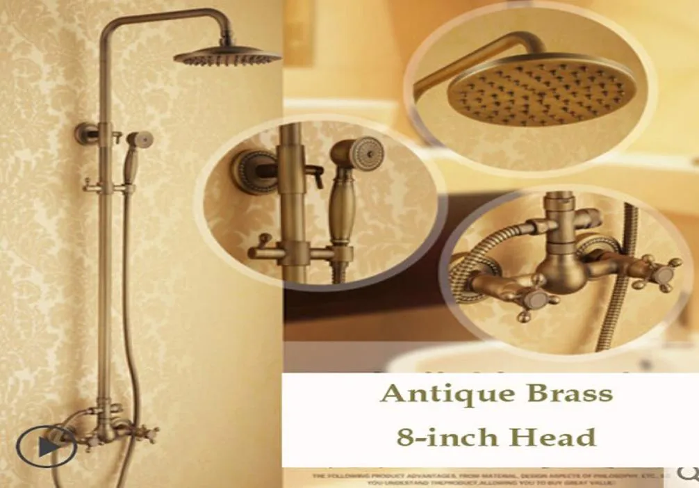 Dual Cross Handles Wall Mount Rainfall Shower Faucet Sets 8quot Brass Shower Head Handheld Shower Antique Brass Finish4913306