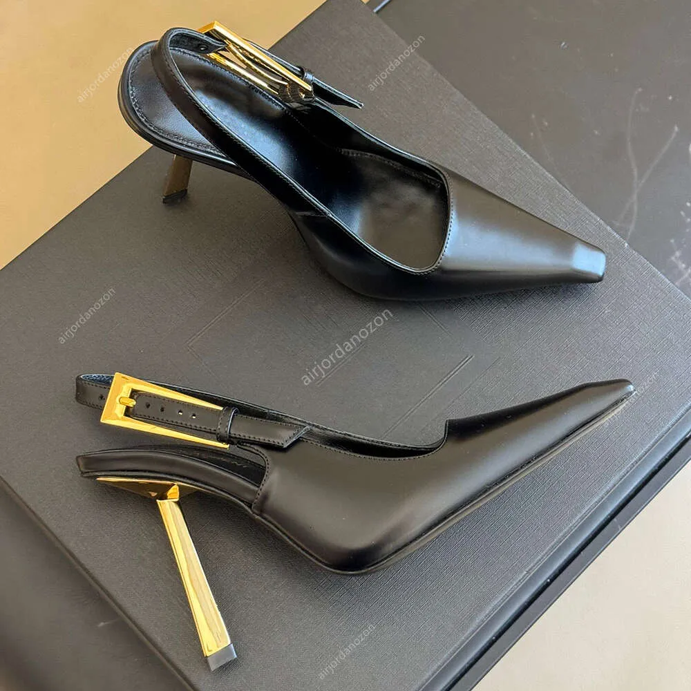 24 Slingback-Pumps mit Lederschnalle, Schuhe mit Stiletto-Absätzen, Sandalen, 9 cm, Luxus-Designer-Kleid für Damen, quadratisch, spitzer Zehenbereich, Abendschuhe, Büro-Frauenkleid, weißes Kleid