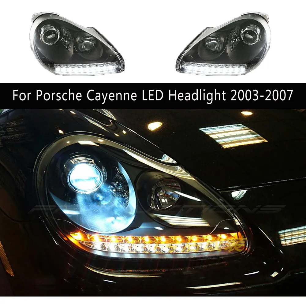 Dagsljusljusbilsdelar för Porsche Cayenne LED-strålkastare 03-07 Streamer Turn Signal Front Lamp-strålkastare Montering