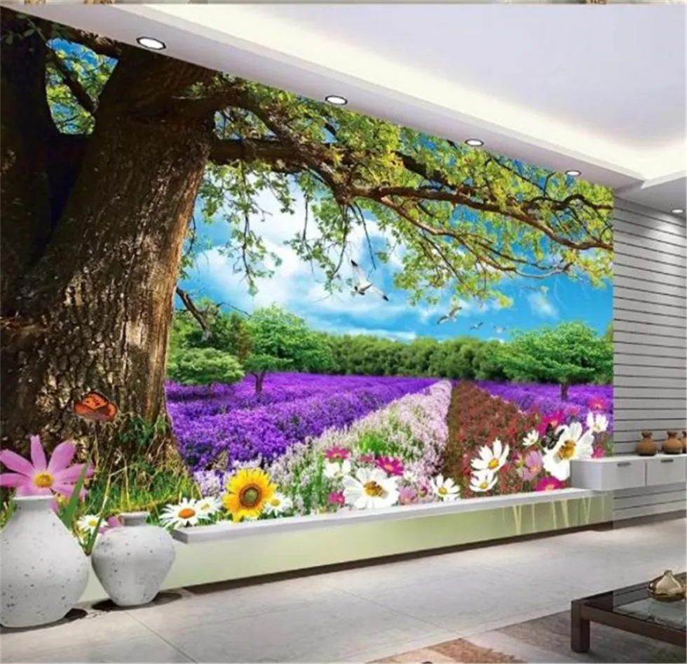 Papier peint mural 3d beau grand arbre fleur pays des rêves paysage peinture salon chambre fond décoration murale papier peint1708386