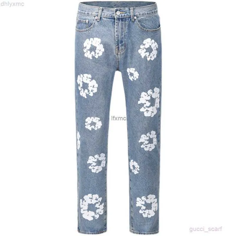 Jeans pour hommes High Street Denim Tears Style Kapok Lavé Droit Mode Vintage Pantalon Lâche Fwxeez