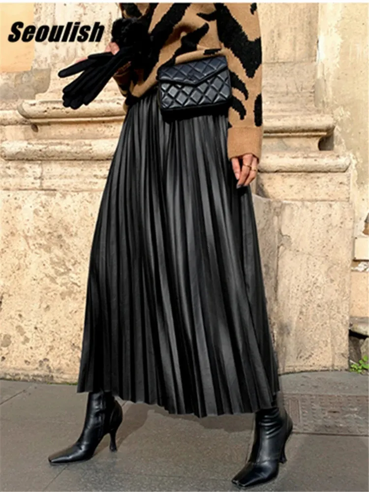 Seoulish Autumn Winter Faux PU Leather Pleated Long Skirts for Women High Waist All-match Umbrella Chic Skirts Female 240110