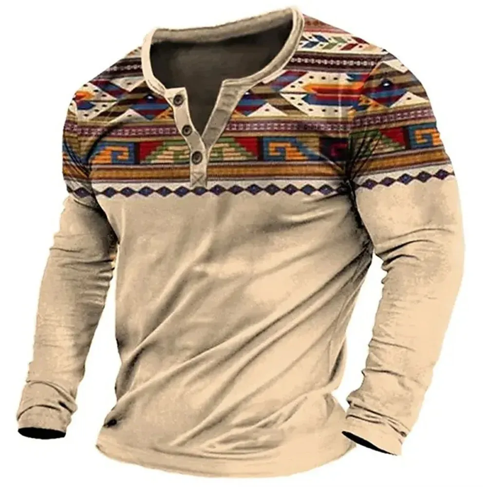 Homens Vintage Camisetas 3D Henley Camisa Tee Gráfico Manga Longa Camisetas V Pescoço Algodão Botão-para Baixo Oversized Masculino Camiseta Pulôver 240109