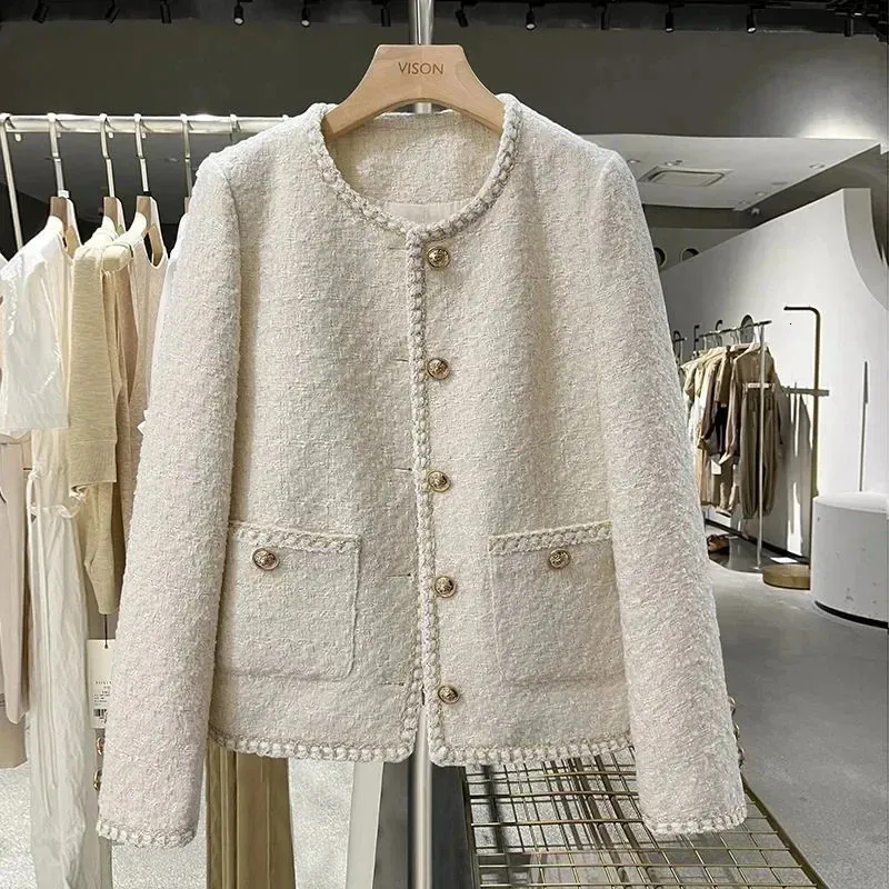 Spring Autumn Jacket for Women Round Neck Trench Coats Woolen Short Jackets Blazers Office Lady Korean Tweed Overcoat 240109