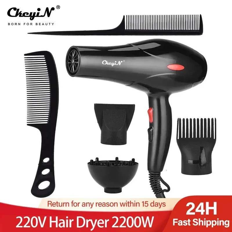 CkeyiN Powerful Electric Hair Dryer Low Noise Below Dryer Cold Wind Hairdryer 3 Heat Settings 2 Speeds 2 Nozzles 2200W 220V 240110