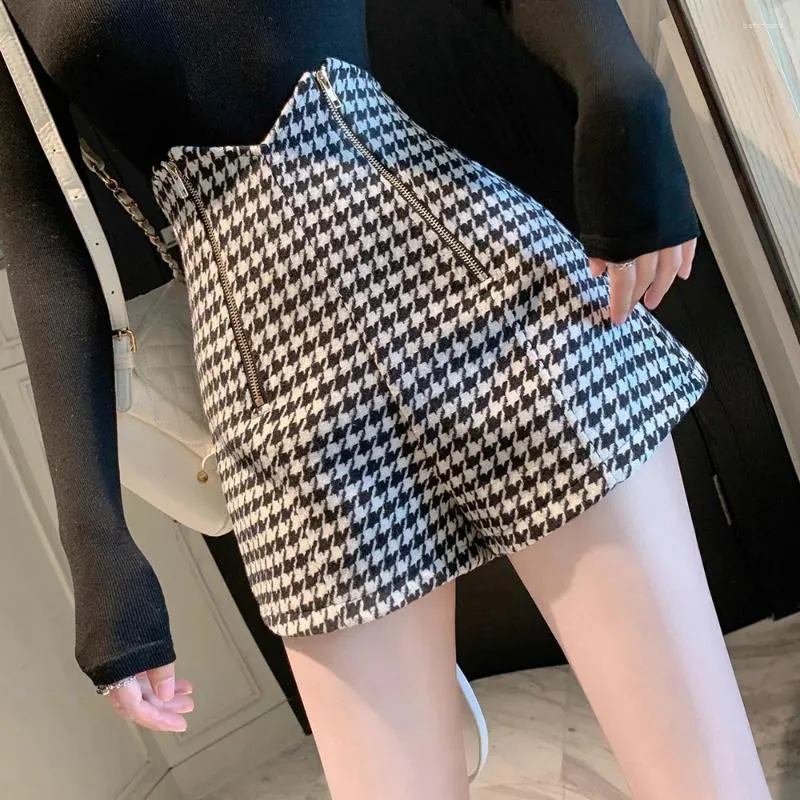 Shorts femininos xadrez vintage para mulheres cintura alta duplo zíper calças curtas casuais soltas senhoras moda primavera outono magro