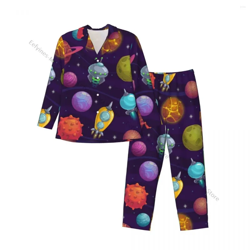 Mäns sömnkläder pyjamas kostym LAPEL Lång ärm tecknad planeter och rymdfartyg manliga hemkläder