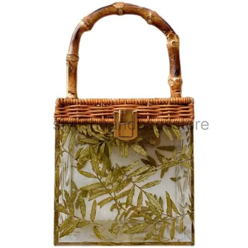 Totes Bamboo Handle Leaves Pattern Party Banquet Transparent Women Square Evening Bag Acrylic Clear Box Purse Clutchstylishhandbagsstore