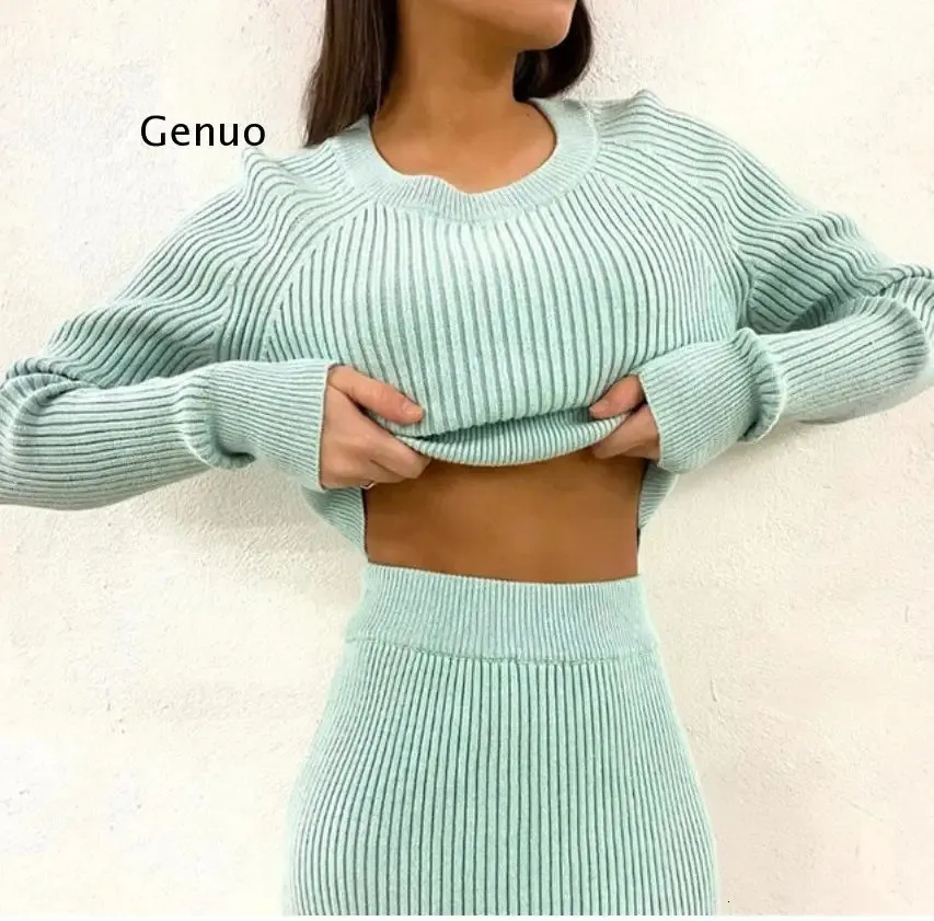 Knitting Cashmere Pullover and Skirt Two Piece Set Women Slim Fit Cropped Tops Autumn Elegant Sweater Outfits 240110