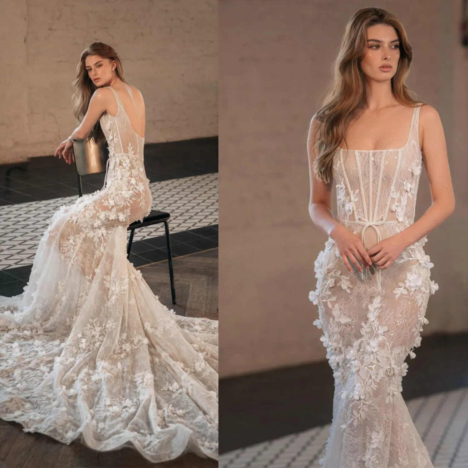 Fancy Spaghetti Straps Mermaid Wedding Dresses See Through Backless Bridal Gowns 3D-Floral Appliques Illusion Sweep Train Robe Bride Dress