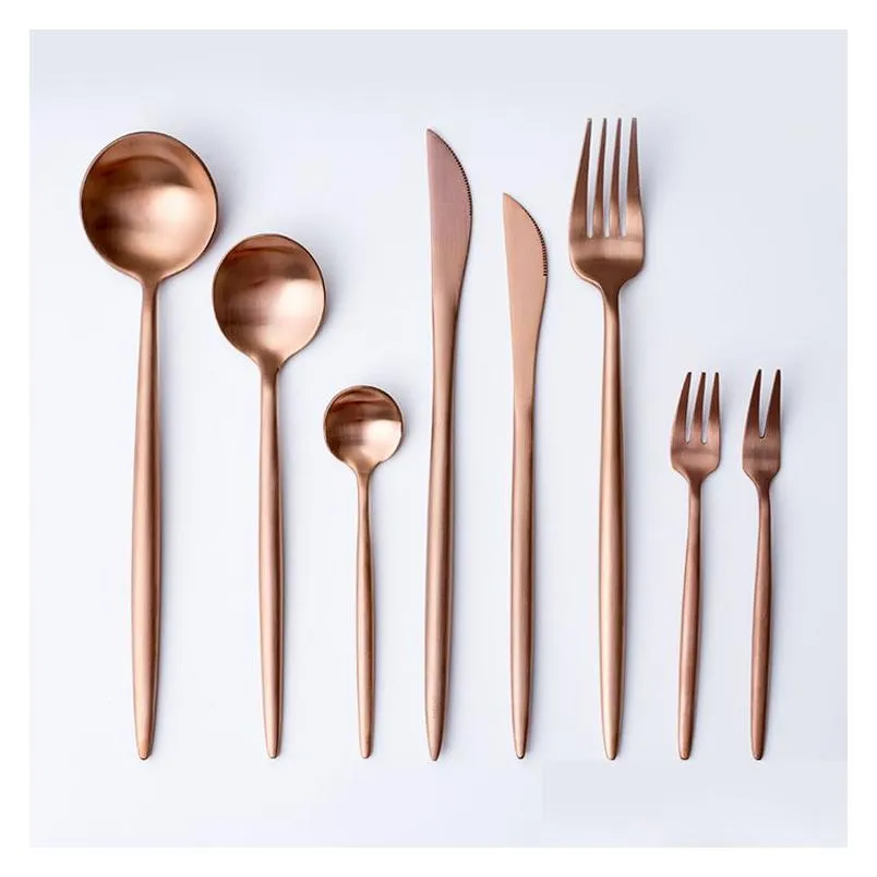 Flatvaruuppsättningar Rose Gold Middagsuppsättningar Tabeller Gaffel Knivsked Matt Western Metal Rostfritt stål Middag Flatvaru Drop Delivery Ho DHT0N