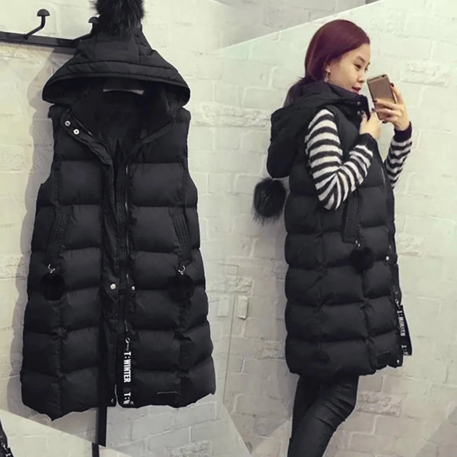 Autumn Winter Women Long Parkas Vest Warm Black Zipper Hooded Down Coat Parka Ladies Sleeveless Waistcoat Jacket Outwear 240110