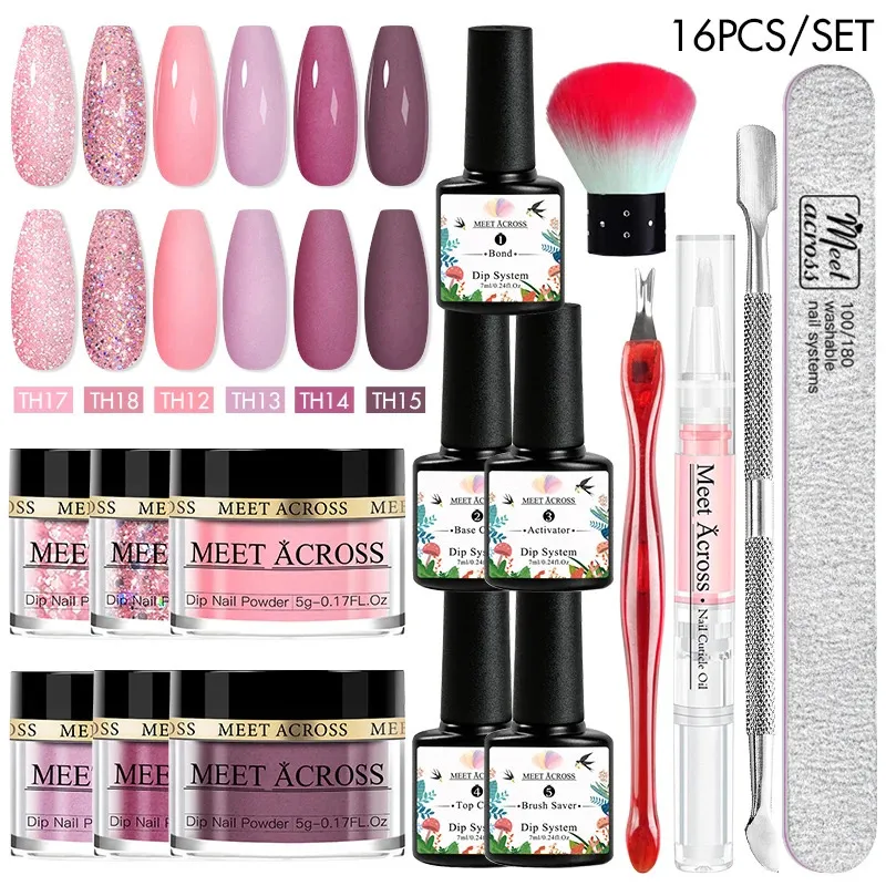 MEET ACROSS Juego de polvos para uñas con purpurina, kits de sistema de inmersión para uñas de color púrpura desnudo para decoraciones artísticas de uñas, manicura, secado Natural 240109