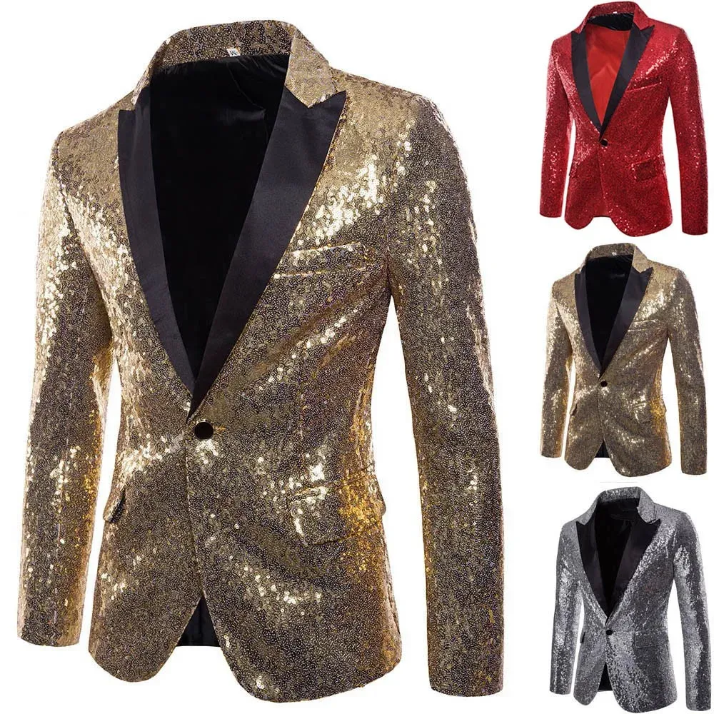 Shiny Gold Sequin Glitter Verfraaid Blazer Jas Mannen Nachtclub Prom Pak Kostuum Homme Stadium Kleding Voor zangers 240110