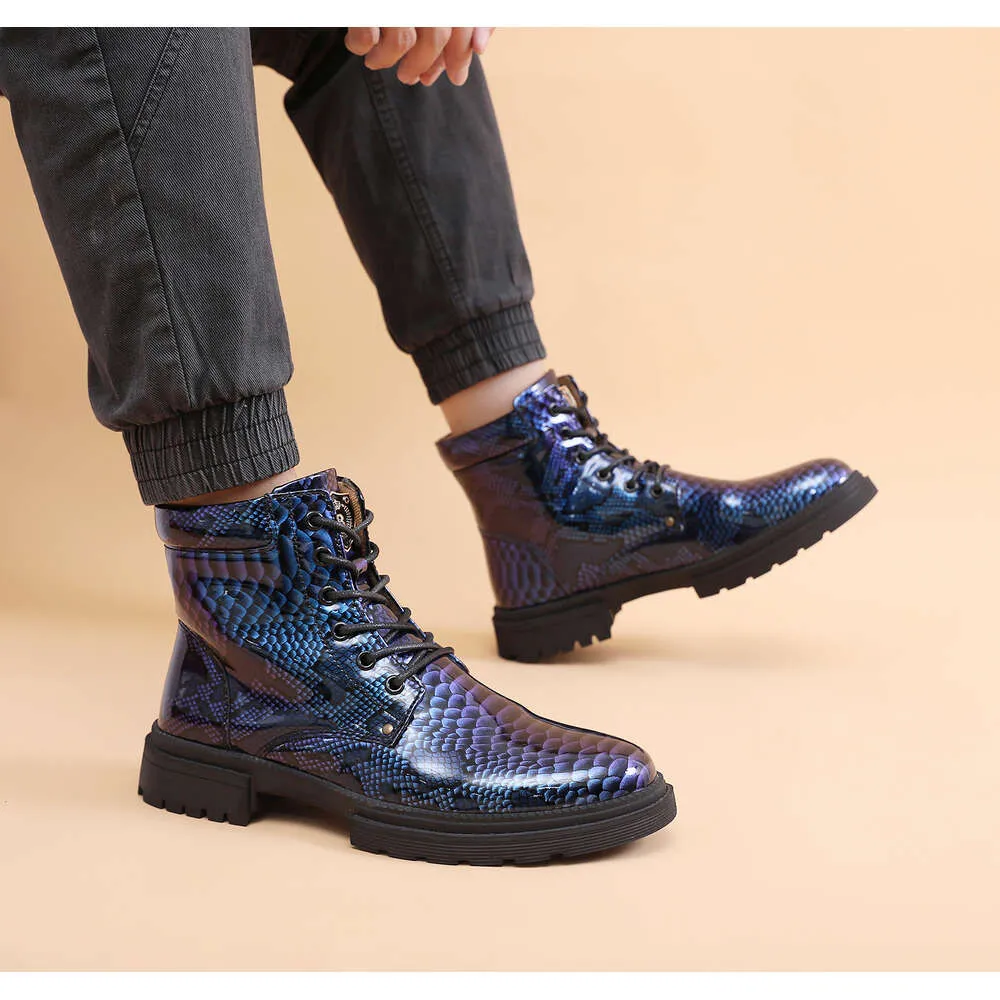 Serpent Designer Cheville Homme Mode Bleu En Cuir Verni Haut Hommes Qualité Glitter Hommes Plate-Forme Bottes