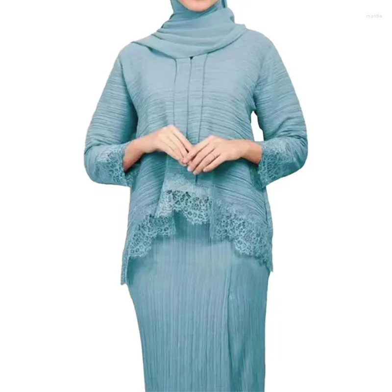 Ethnische Kleidung 2-teiliges Set Muslimische Frauen Abaya Spitze Plissee Tops Bluse Maxirock Anzug Dubai Kaftan Islam Türkei Arabisches Kleid Eid Ramadan