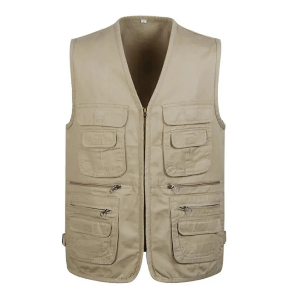 Mens Casual Solid Color Vest Sleeveless VNeck Multipockets Hiking Outdoor Fishing Apparel Work Plus Size 240109