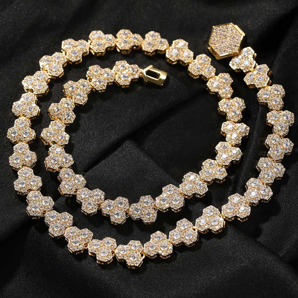 10mm High Quality Hip Hop Honeycomb Tennis Chain Necklace 18K Real Gold Plated with 5A Zircon Men Jewelry