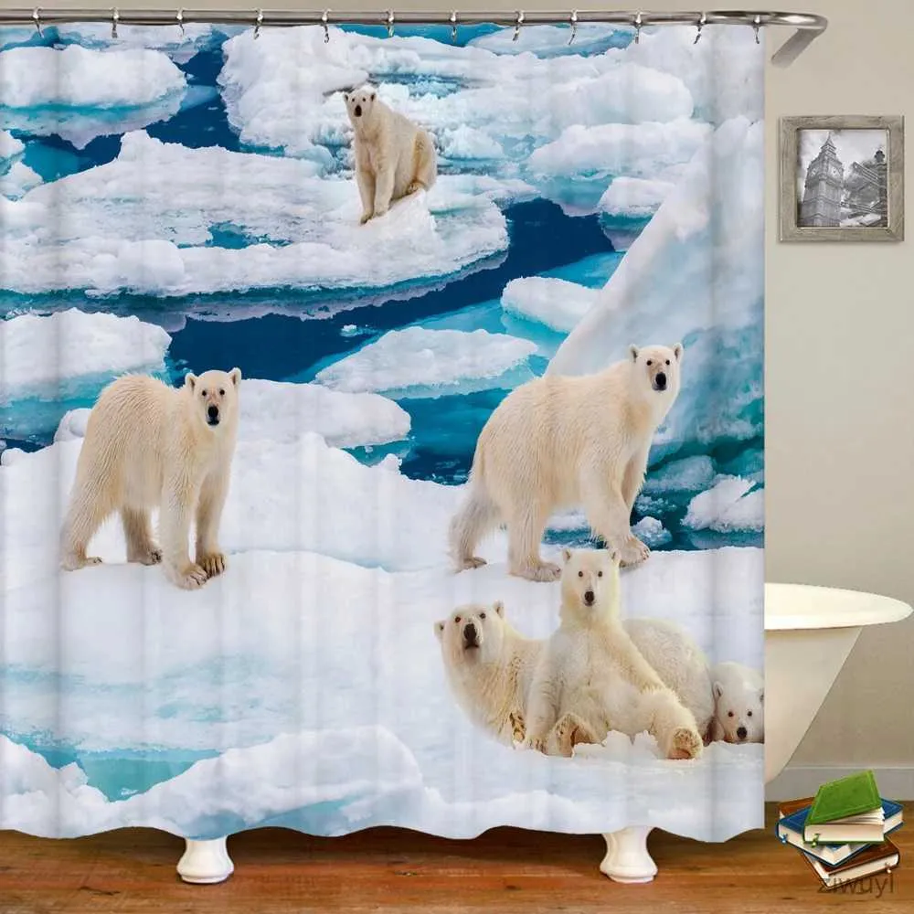 Cortinas de chuveiro fofas de urso polar, cortina de chuveiro com impressão 3d de animais, à prova d'água, tecido de poliéster, decoração para casa, tela de banho