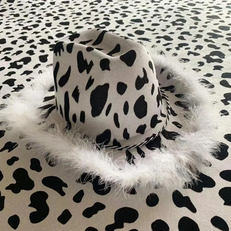 ベレー帽ウエスタンカウボーイハットパフォーマンスパーティーお祝いの装飾とプリントカウミルクフェルト56-58cm H4y3