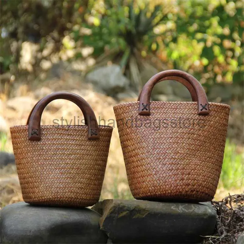 Borse Borsa a tracolla con manico in legno fatta a mano Borse intrecciate vintage Vacanza al mare in rattan Secchierborse alla modanegozio