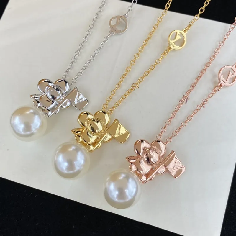 With BOX Jewelry Pendant Necklaces White Pearl Gold Silver Rose Luxury Brand Designers Necklace Geometric Famous Women Jewelry