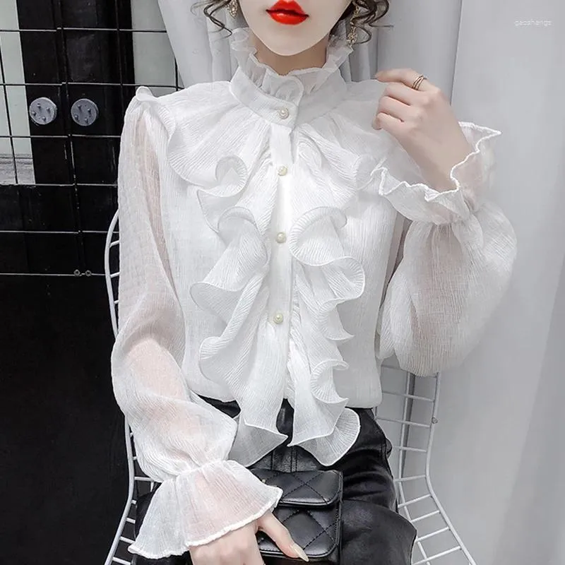 Women's Blouses Korean Ruffles Stitching Elegant LaceBlouse Woman Stand Collar Button Chiffon Shirt Long Flare Sleeve Fashion Loose Tops