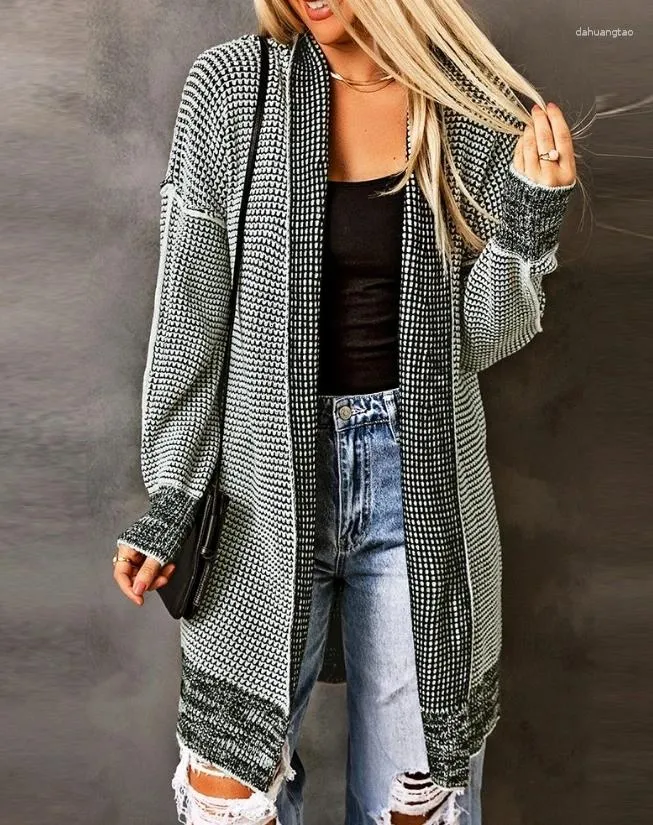 Women's Knits 2024 Autumn Winter Spring Fashion Casual Elegant Plaid Knitted Open Front Longline Cardigan Coat Top Female Clothing Outfits