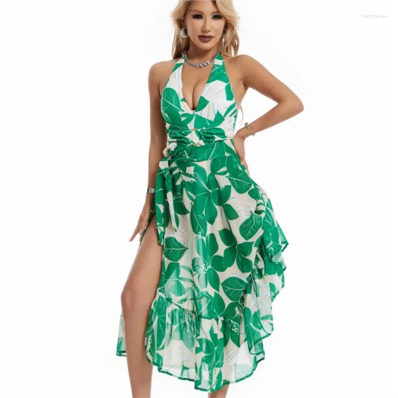 Work Dresses 2 Piece Sets Women Outfit Summer Fashion Green Print One Bikini And Asymmetrical Skirt Beach Swimming Matching