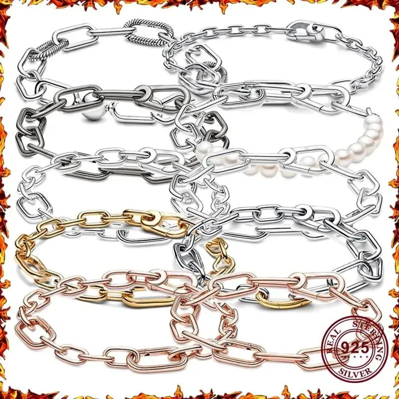 Braccialetti Nuovo popolare argento 925 ME Serie Two Tone Love Chain Link Bracciale con logo perla da donna adatto per gioielli affascinanti